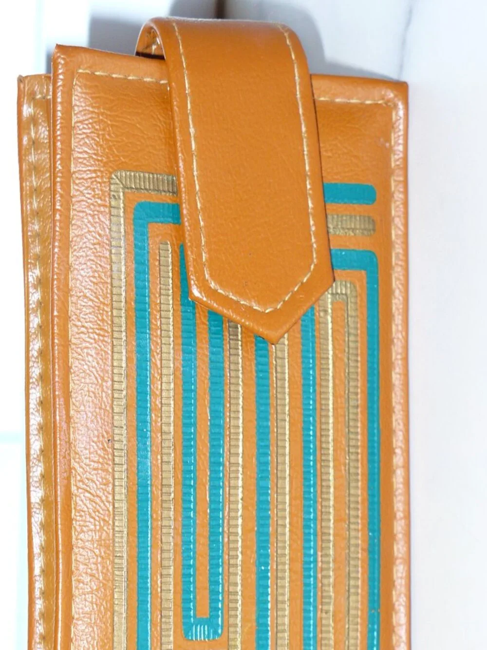 Vintage 1970's Brown Vinyl Billfold Pocket Wallet Green and Gold Design